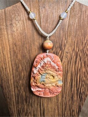 Multicolor Alashan Agate Dragon Pendant Necklace on Tan Adjustable Rope